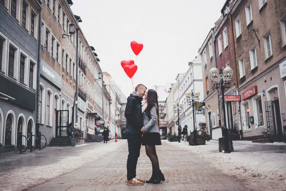 Couple in street kissing
